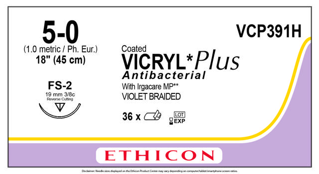 Ethicon vicryl plus sutur VCP391H, nål FS-2/5-0 